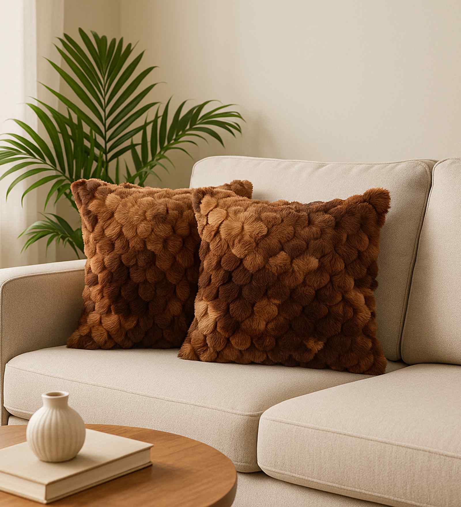 Brown Velvet Rabit Hair Feel 16X16 Inches 2Pcs Cushion Covers