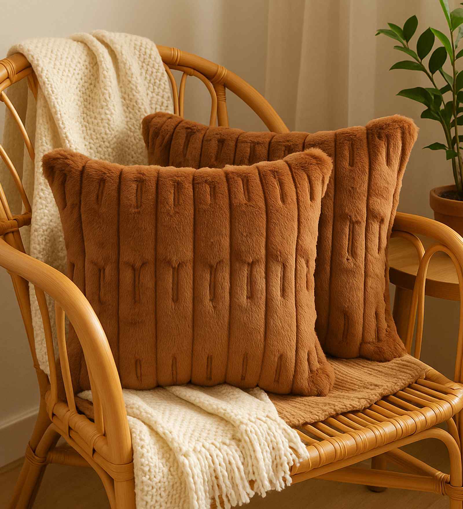 Brown Velvet Rabit Hair Feel 16X16 Inches 2Pcs Cushion Covers