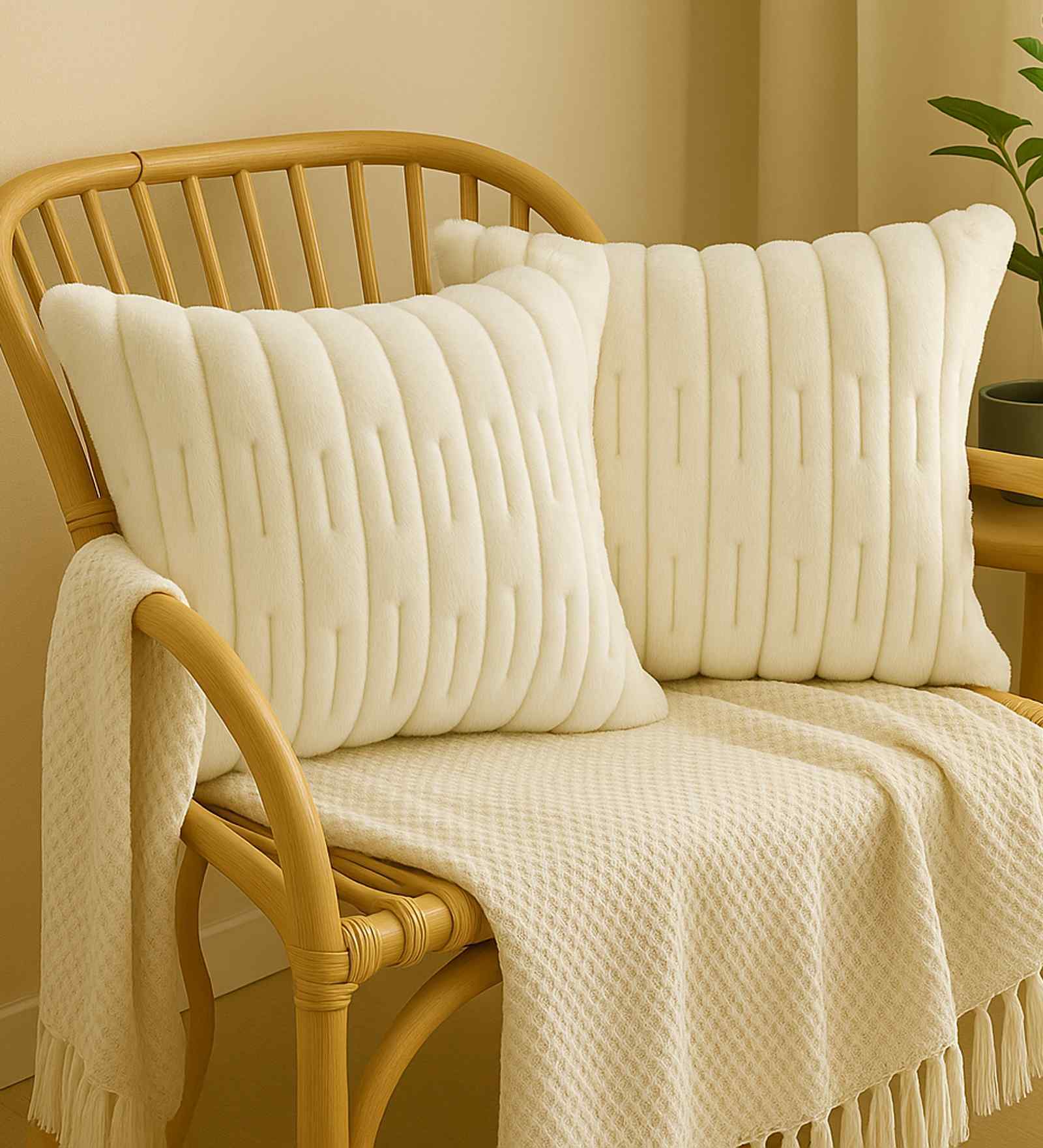 Cream Velvet Rabit Hair Feel 16X16 Inches 2Pcs Cushion Covers