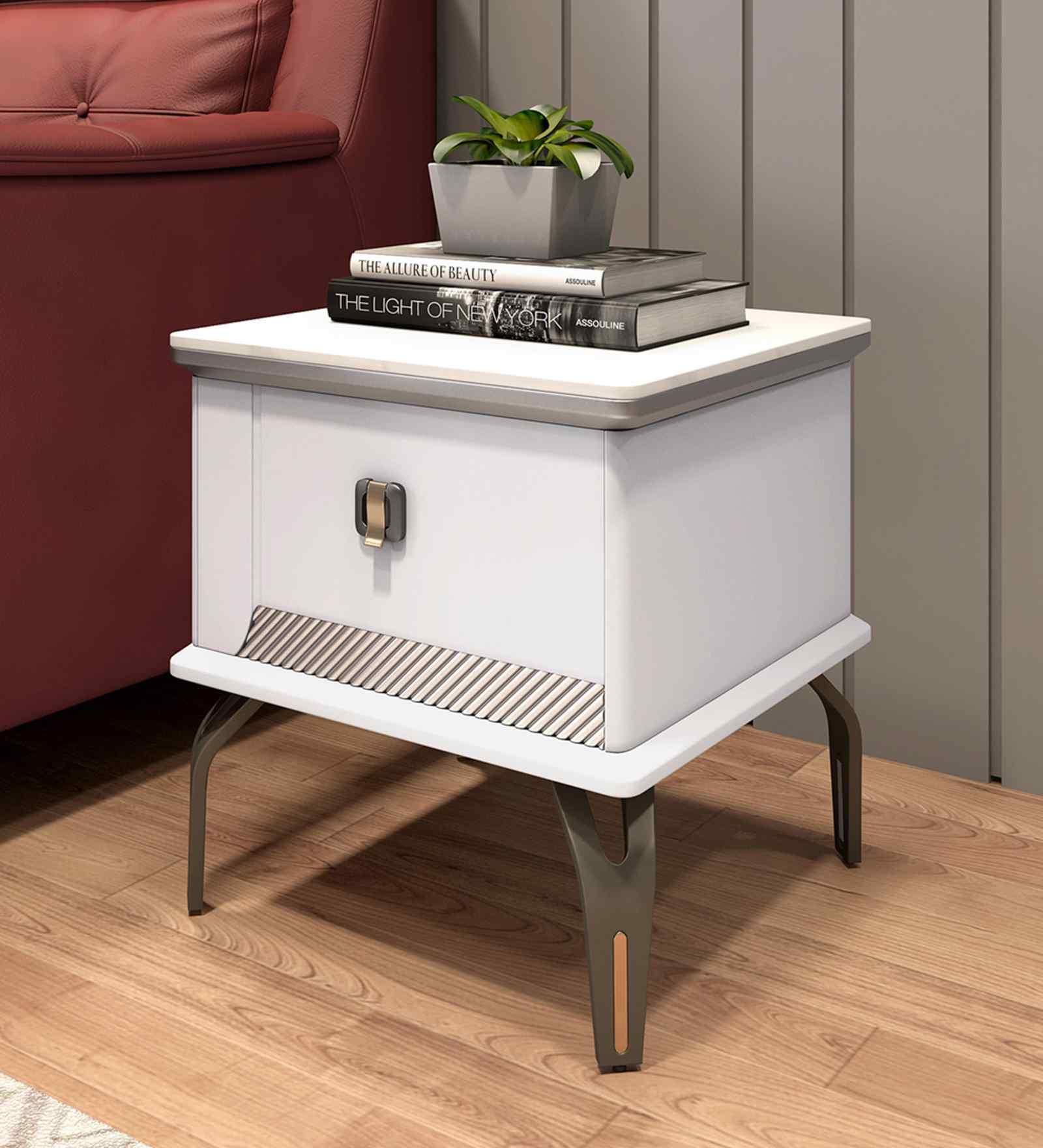 Venessa Marble Bedside Table In White Finish