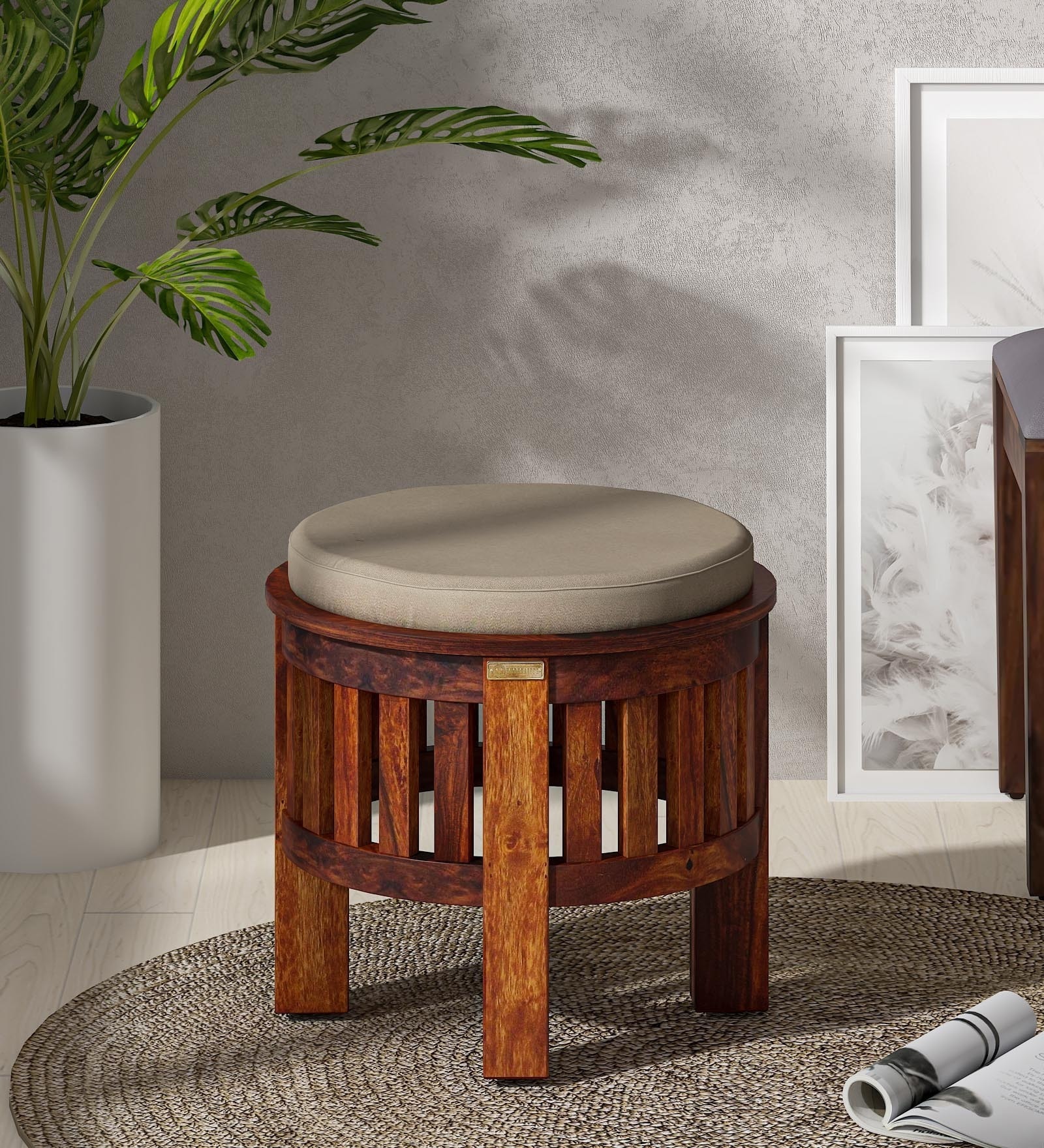 Venetia Sheesham Wood Seating Stool In Scratch Resistant Honey Oak Finish