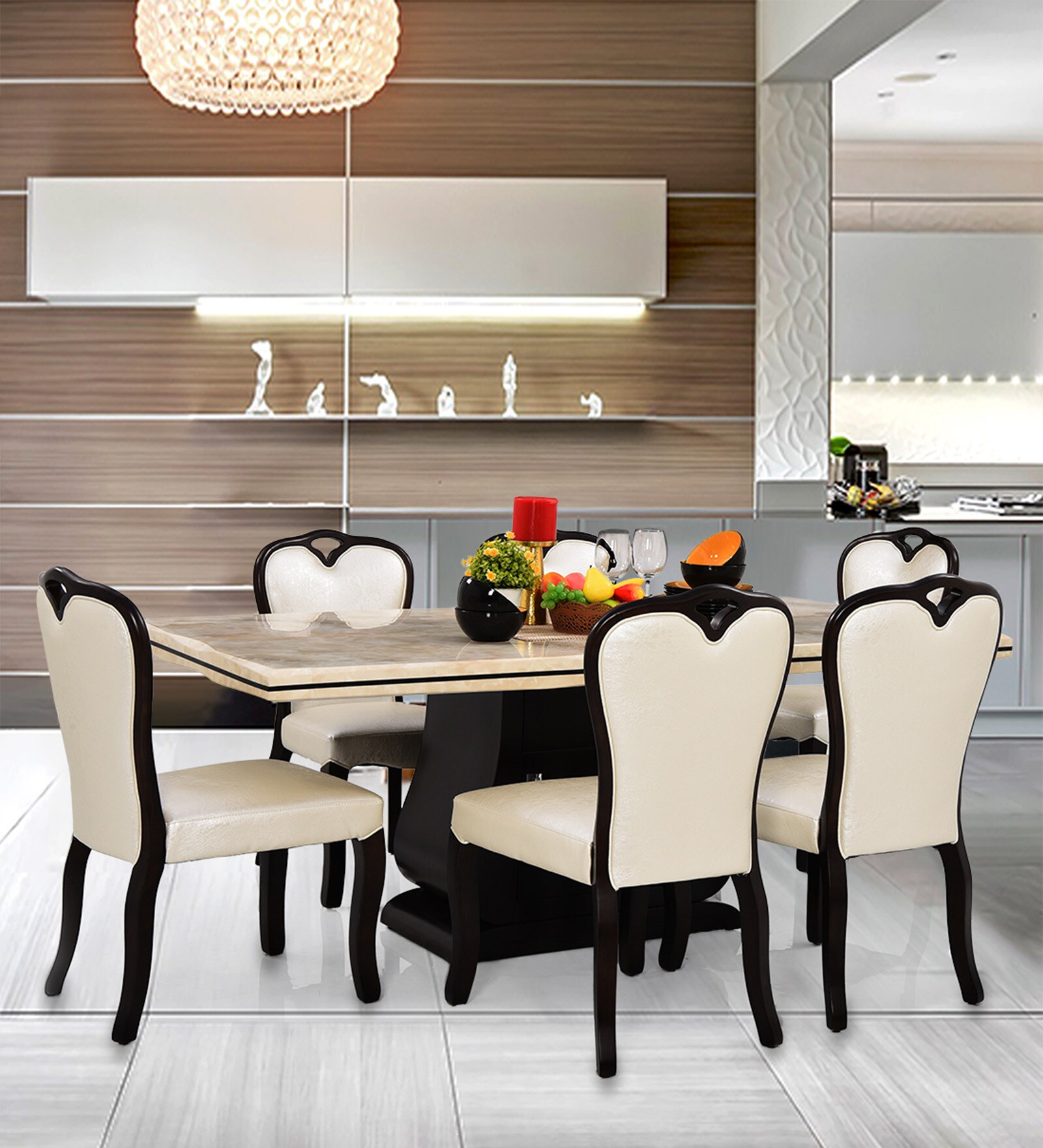 Venice Marble Top 6 Seater Dining Set in Cream & Black Finish Venice Marble Top 6 Seater Dining Set in Cream & Black Finish
