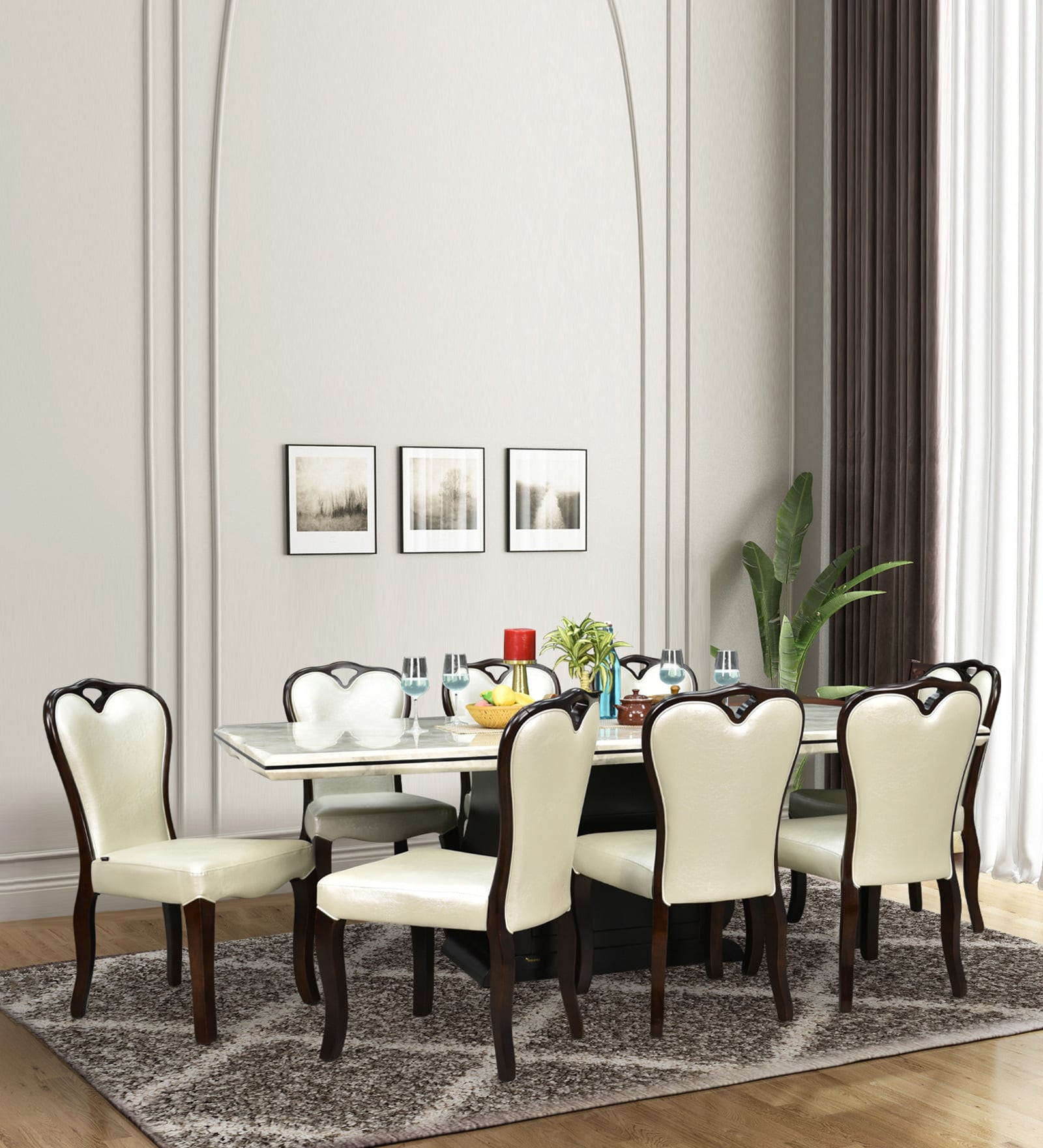 Venice Marble Top 8 Seater Dining Set in Cream & Black Finish Venice Marble Top 8 Seater Dining Set in Cream & Black Finish