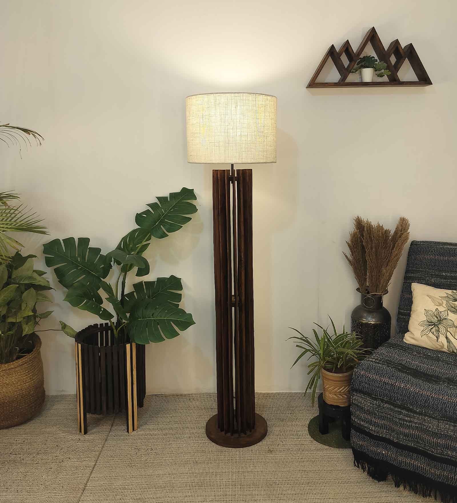 Ventus Brown Wooden Shade Column Floor Lamp With Wood Base