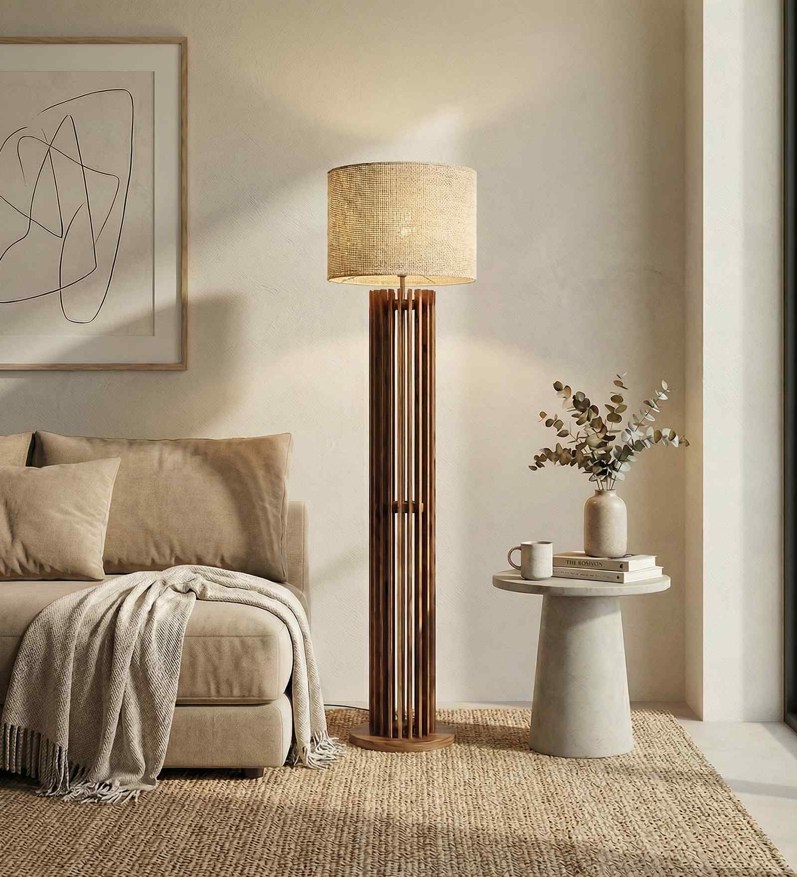 Ventus Wooden Floor Lamp with Jute Shade & Brown Base