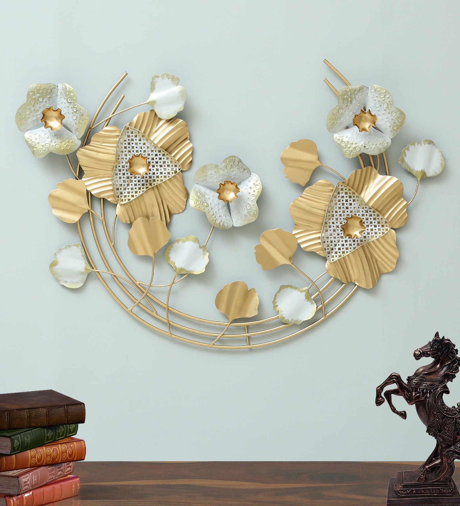 Crafted Iron Decorative Flower Wall Art In Gold