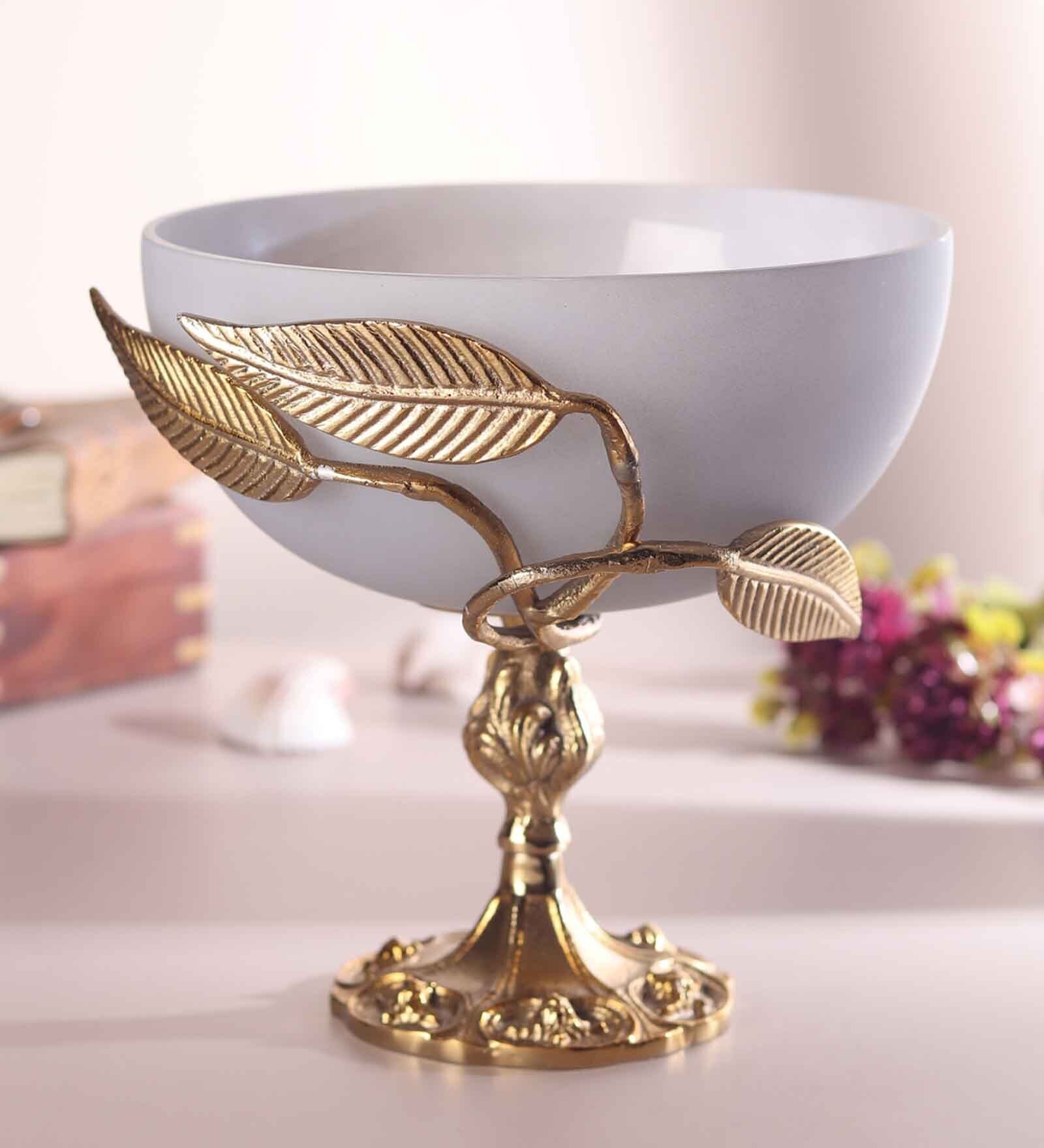 Verdant Elegance Glass Bowl in Grey and Gold