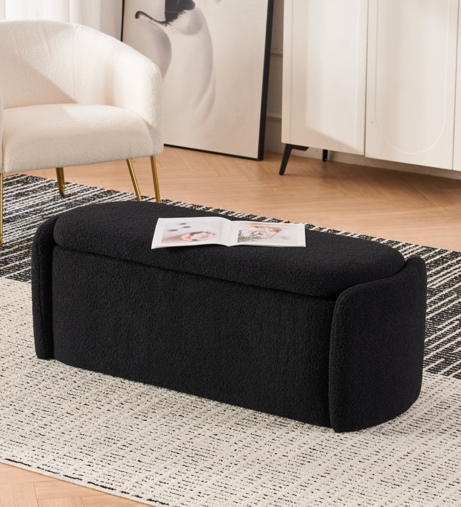 Verona Fabric Luxe Upholstered Storage Ottoman in Black Colour Verona Fabric Luxe Upholstered Storage Ottoman in Black Colour