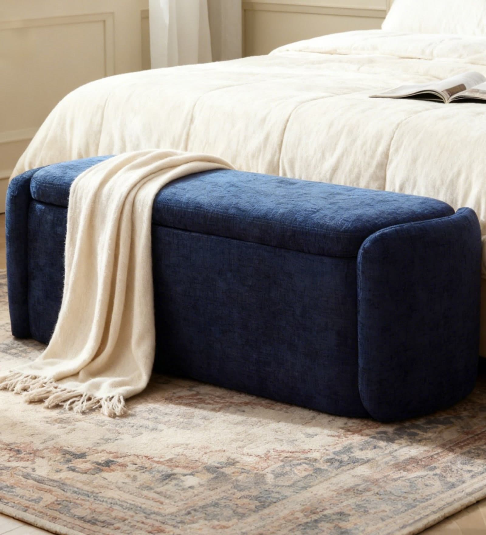 Verona Fabric Luxe Upholstered Storage Ottoman in Blue Colour