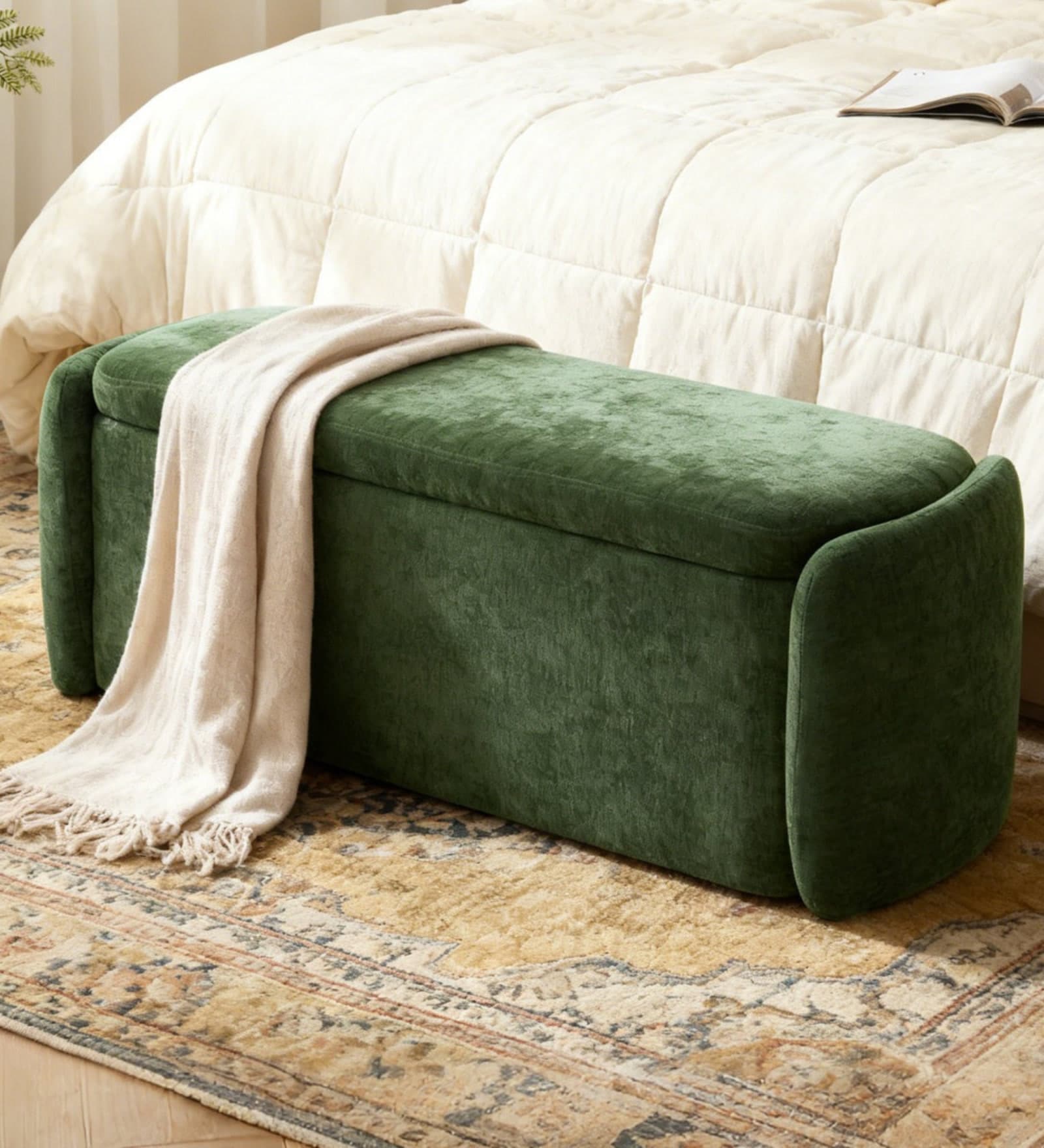 Verona Fabric Luxe Upholstered Storage Ottoman in Green Colour Verona Fabric Luxe Upholstered Storage Ottoman in Green Colour