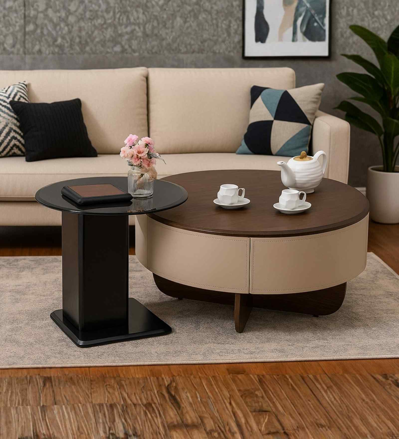 Verona Italian Glass Top Round Coffee Table Set Of 2 In Brown & Beige Finish