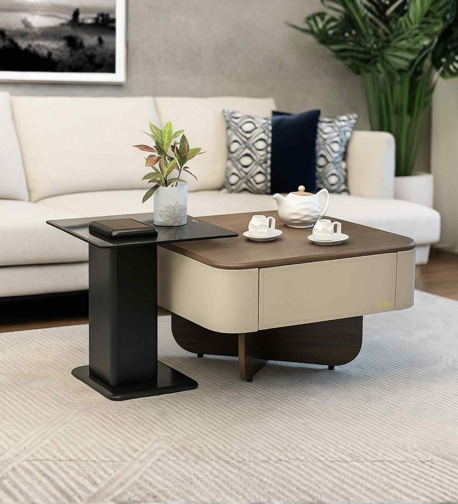 Verona Italian Glass Top Square Coffee Table Set Of 2 In Brown Beige Finish
