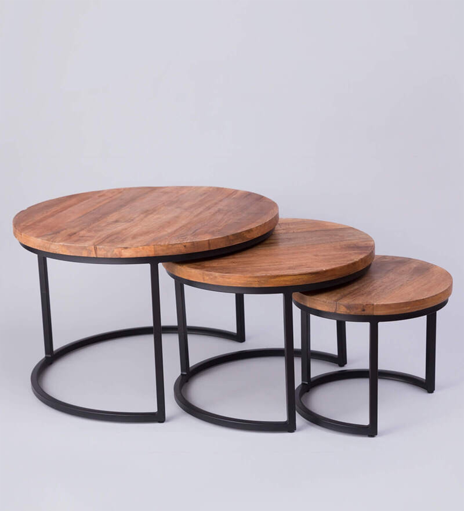 Verona Metal Nest Of Tables In Black Finish With Wooden Top (Set Of 3)