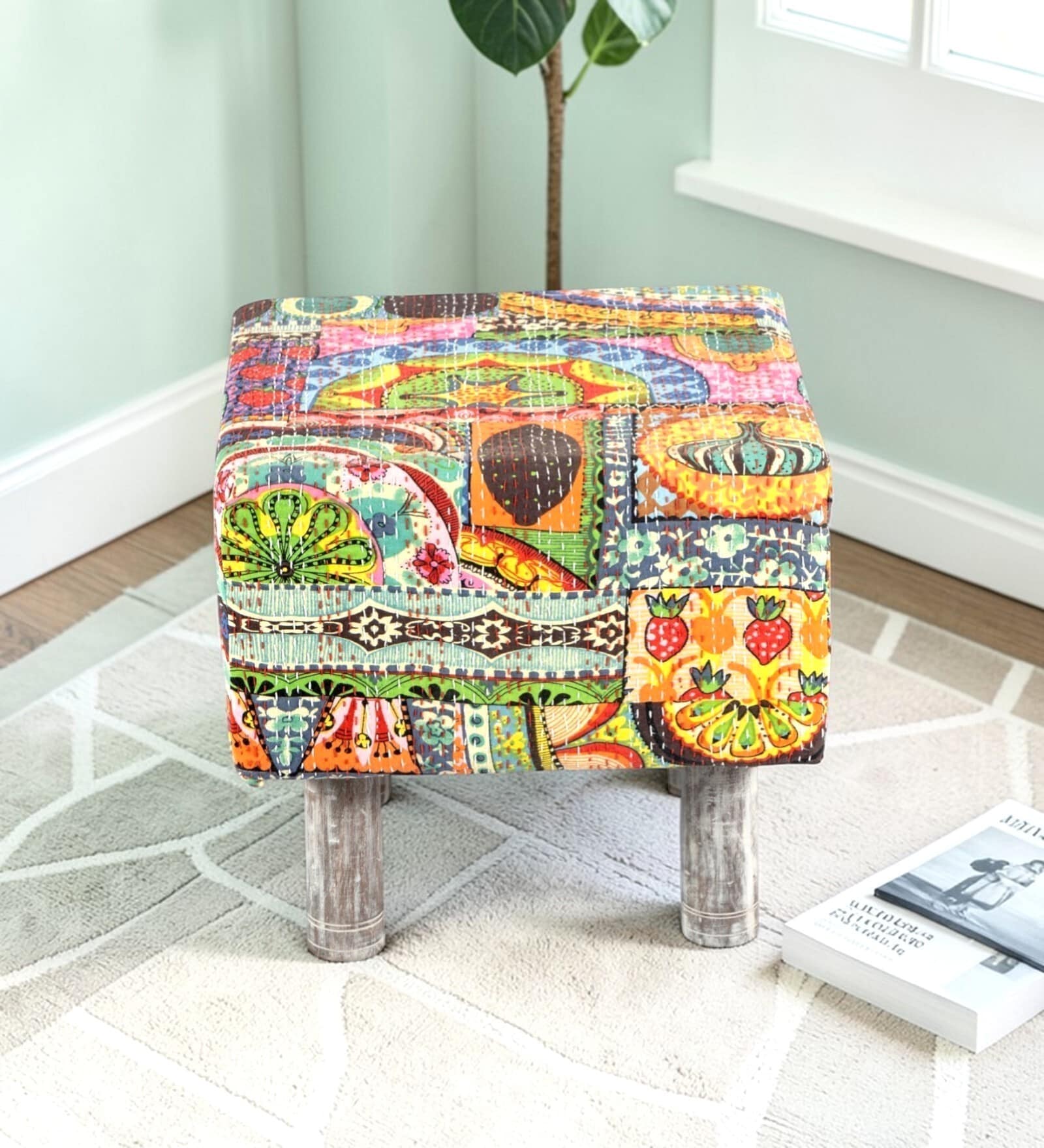 Verona Stool In Multicolour Patch Kantha Fabric Verona Stool In Multicolour Patch Kantha Fabric