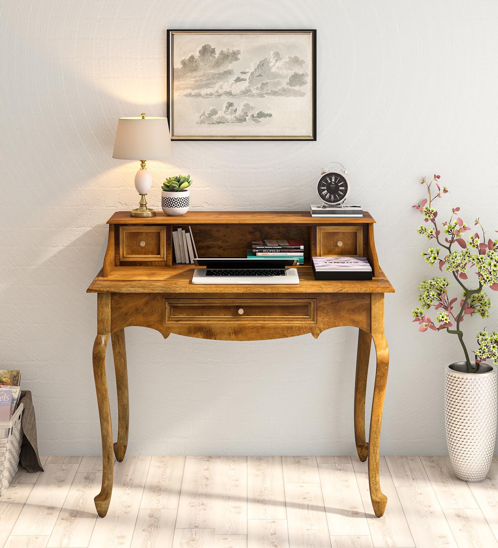Versaille Solid Wood Study Table With Drawer In Tubbaq Teak Finish
