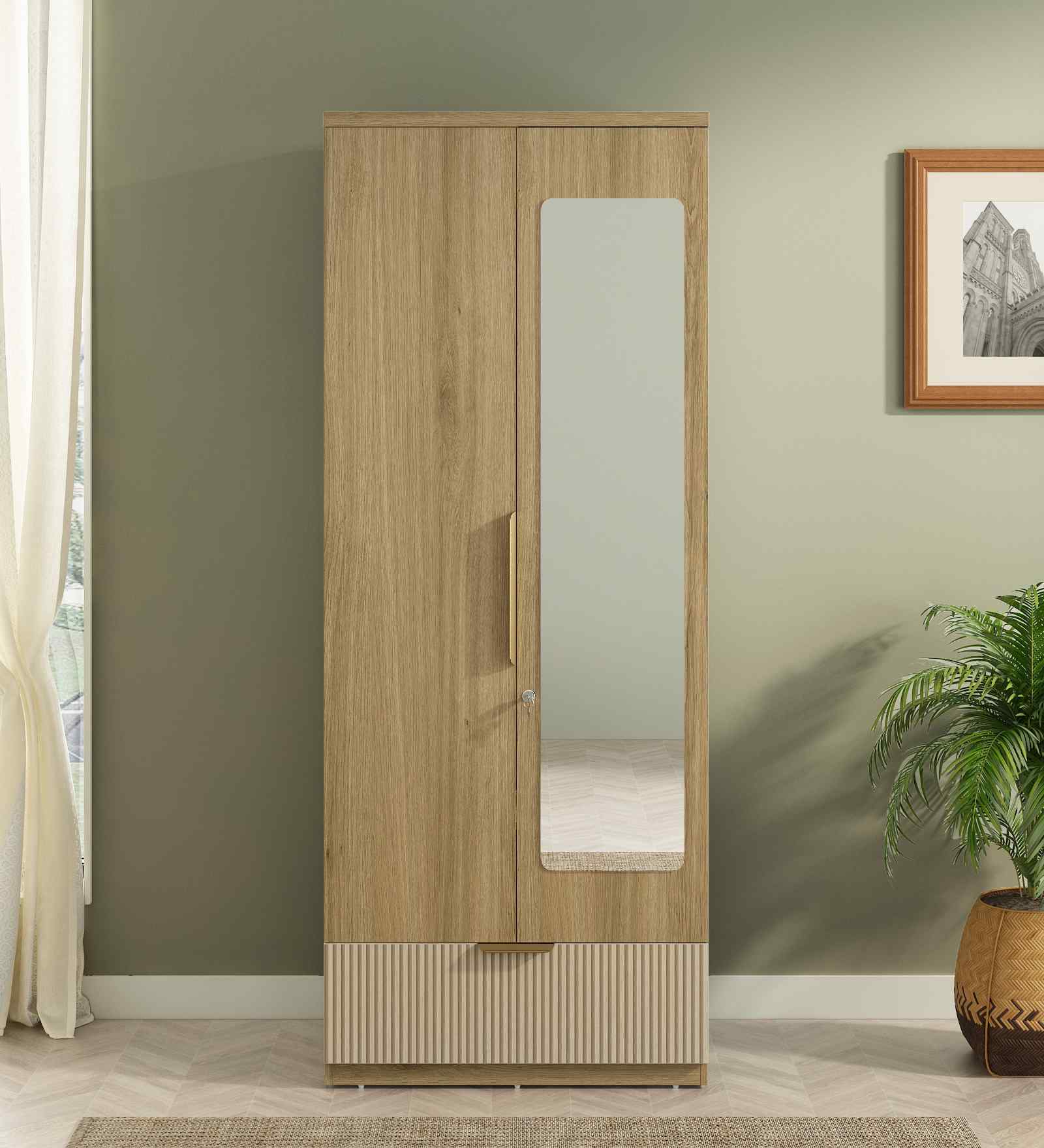 Verta 2 Door Wardrobe With Mirror In Santana Oak & Bamboo Flute Finish