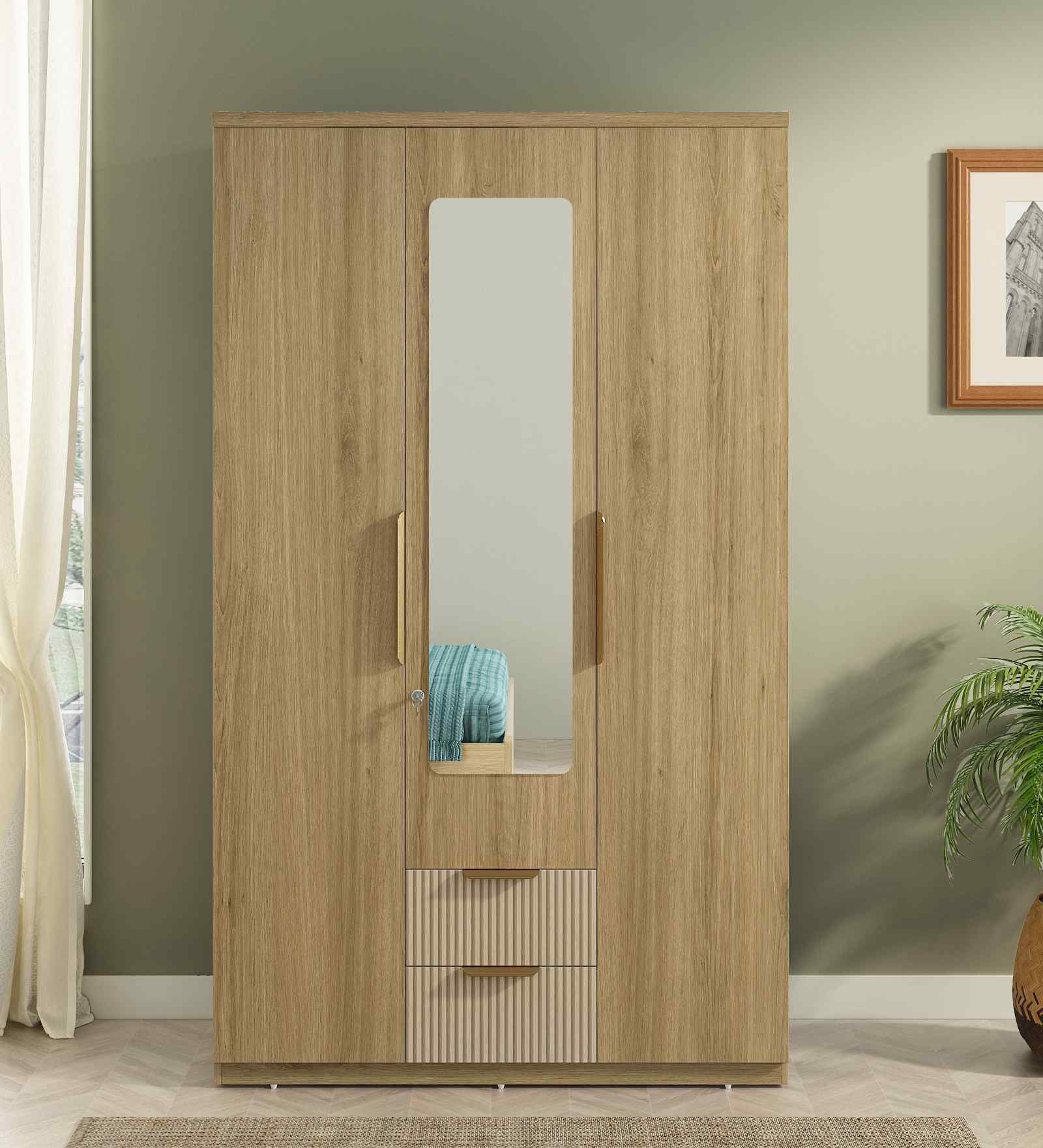Verta 3 Door Wardrobe With Mirror In Santana Oak & Bamboo Flute Finish