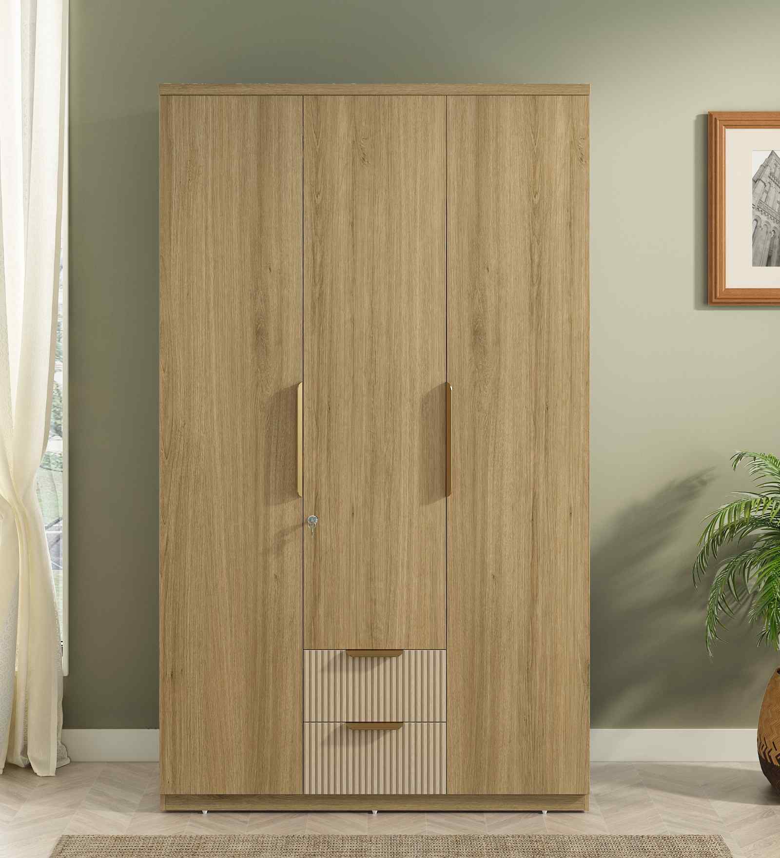 Verta 3 Door Wardrobe In Santana Oak & Bamboo Flute Finish