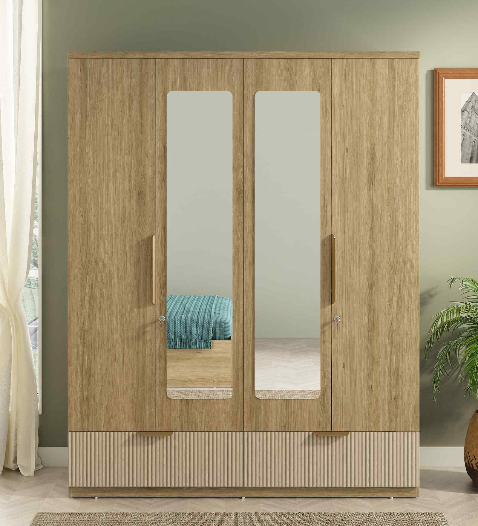 Verta 4 Door Wardrobe With Mirror In Santana Oak & Bamboo Flute Finish