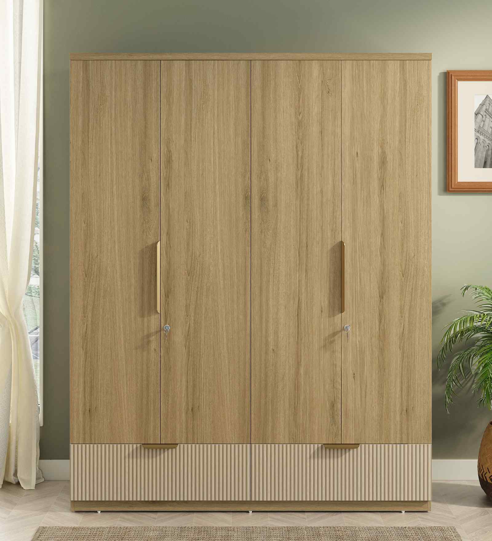 Verta 4 Door Wardrobe In Santana Oak & Bamboo Flute Finish