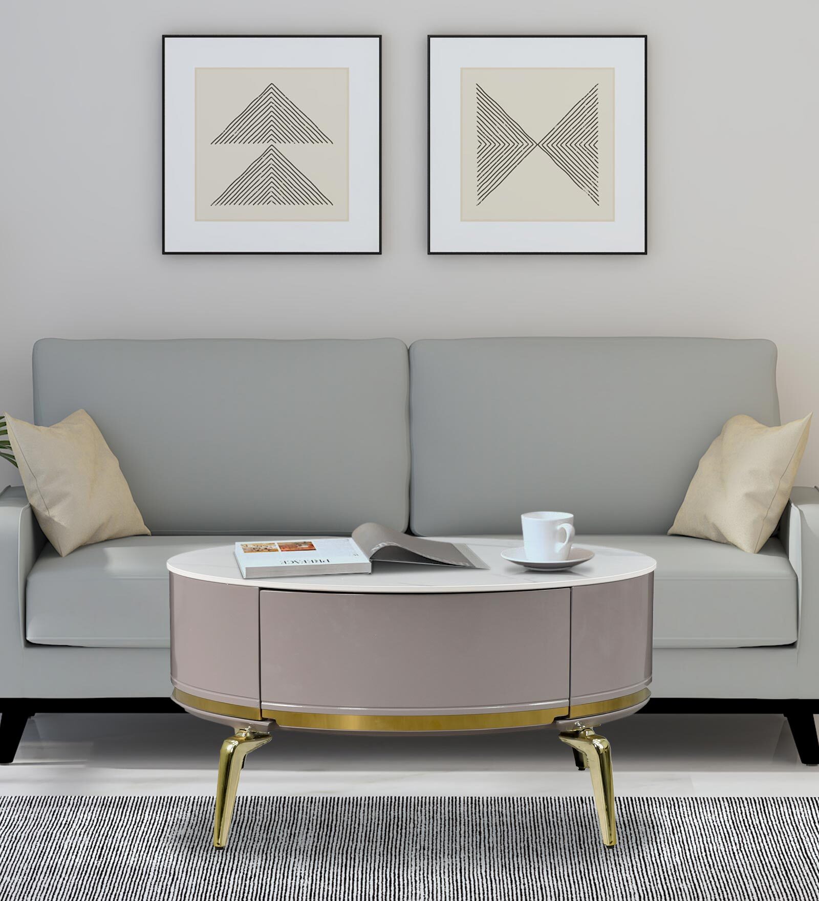 Vertex Marble Coffee Table in White & Cream Finish With Drawers