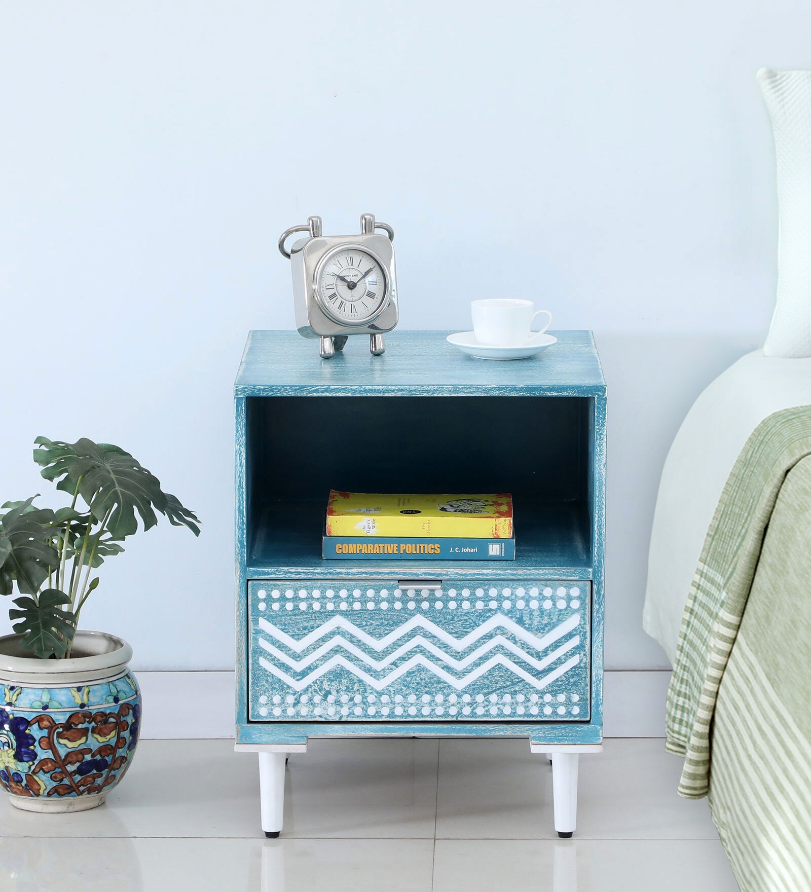 Verve Solid Wood Bedside Table in Blue and White Colour
