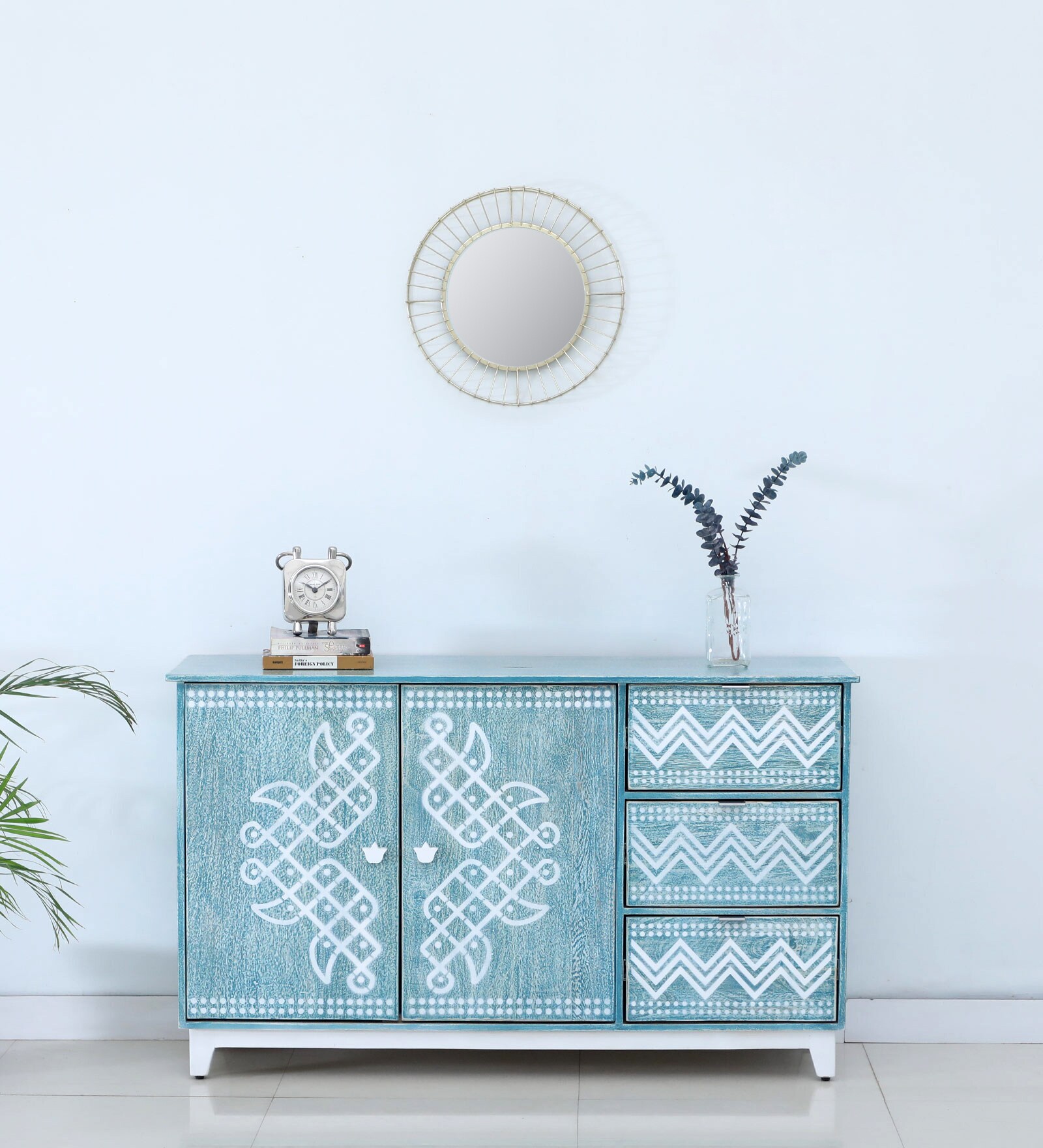 Verve Solid Wood Sideboard In Blue and White Colour