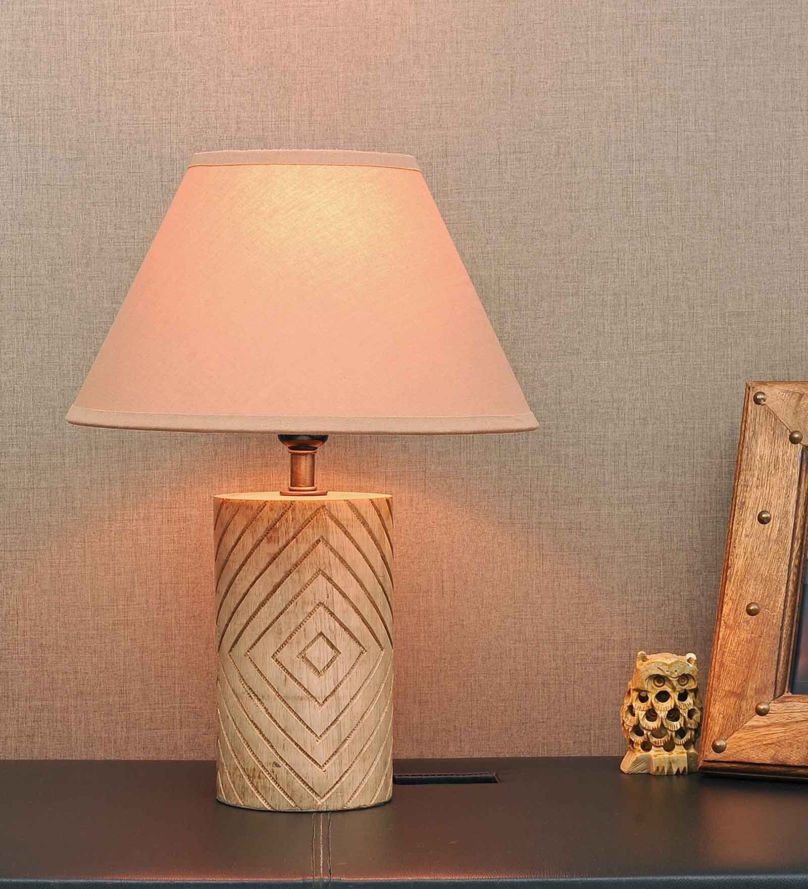 Vespera Beige Cotton Shade Table Lamp with Natural Base