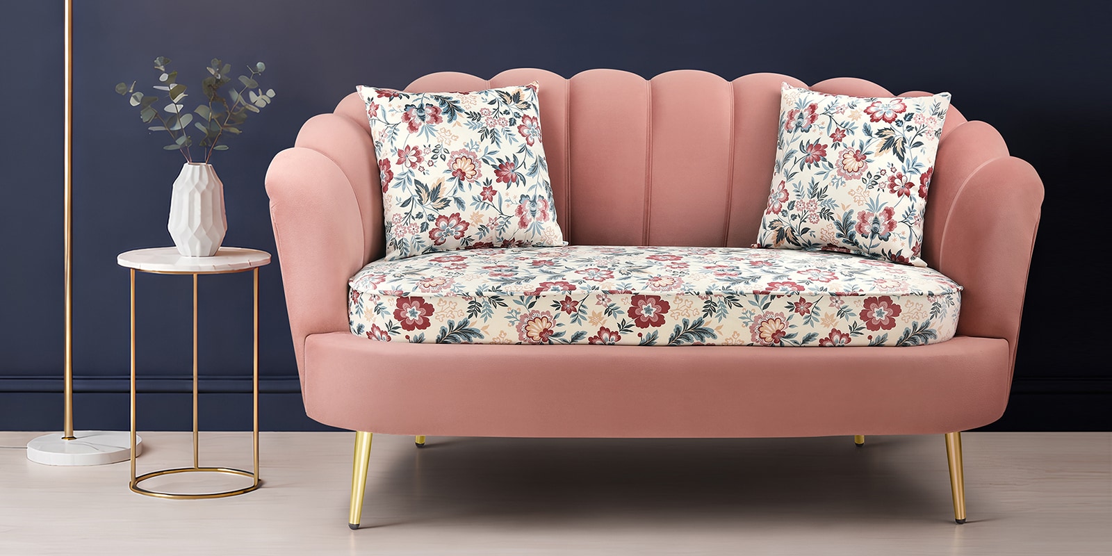 Bloom Flower Shape 2 Seater Sofa In Rosegold And Print Color