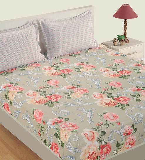 Grey Floral 160 TC Cotton Single Bed Sized Bed Sheets With 1 Pillow Cover
