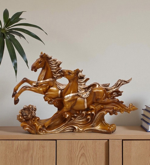 Golden 2 Running Horse Wooden Showpiece