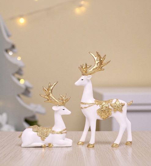 White Deer Marble Leaf Showpiece Set Of 2