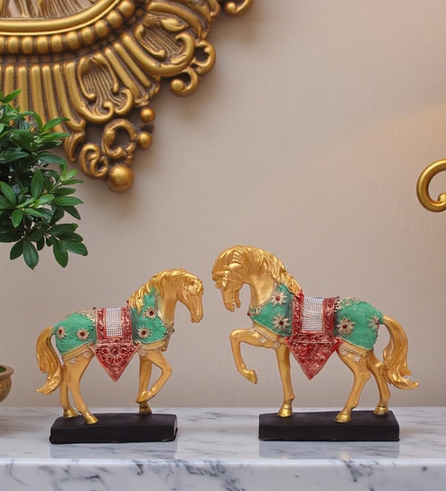 Golden Jewellery Horse Showpiece Set Of 2