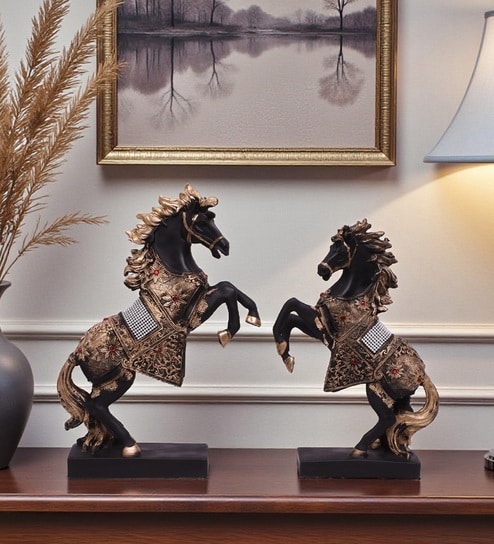 Black Jewellery Horse Showpiece Set Of 2