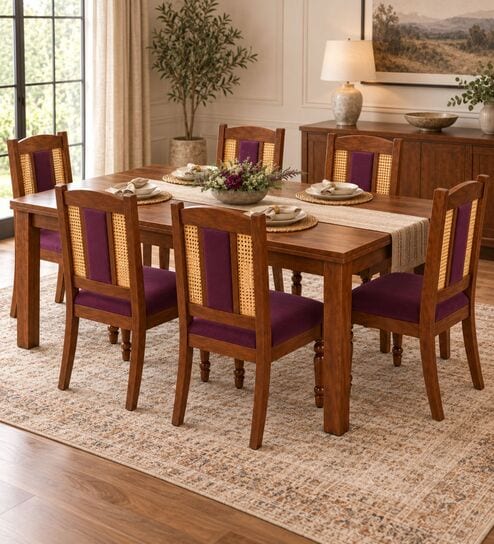 Vedika 6 Seater Dining Set In Provincial Teak Finish With Plum Colour Chair