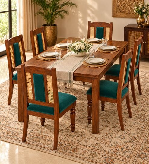 Vedika 6 Seater Dining Set In Provincial Teak Finish With Teal Green Colour Chair