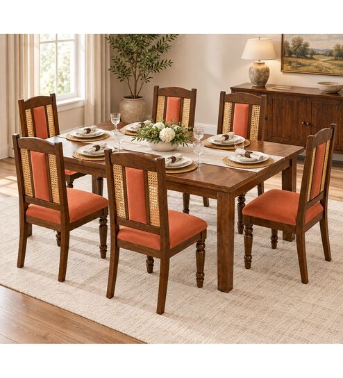 Vedika 6 Seater Dining Set In Provincial Teak Finish With Terracotta Orange Colour Chair