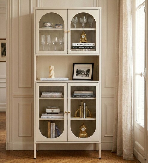 Vedra Multi-Purpose Metal Bookshelf with Fluted Glass Swing Doors Adjustable Shelves and Powder-Coated Frame