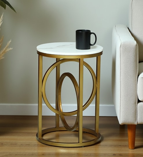 Vella White Porcelain Top End Table With Gold Finish