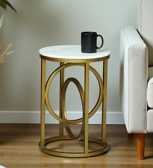 Vella White Porcelain Top End Table With Gold Finish-image-49