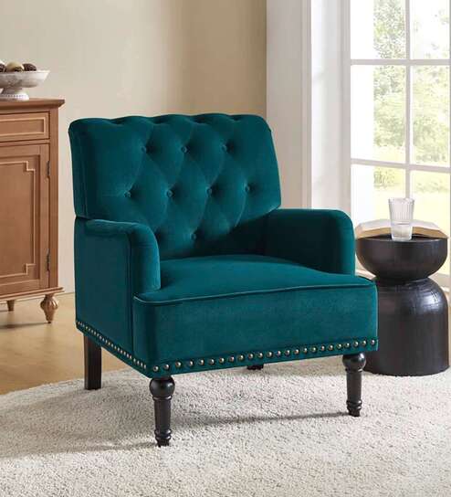 Velora Tufted Back 1 Seater Sofa In Teal Colour
