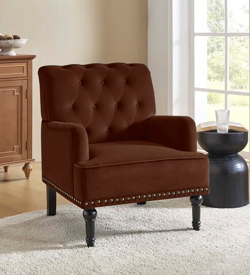 Velora Tufted Back Fabric 1 Seater Sofa In Brown Colour