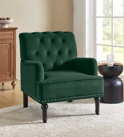 Velora Tufted Back Fabric 1 Seater Sofa In Green Colour