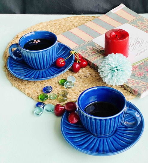 Velvet 250ml Blue Ceramic (Set of 4) Tea Cup & Saucer Set