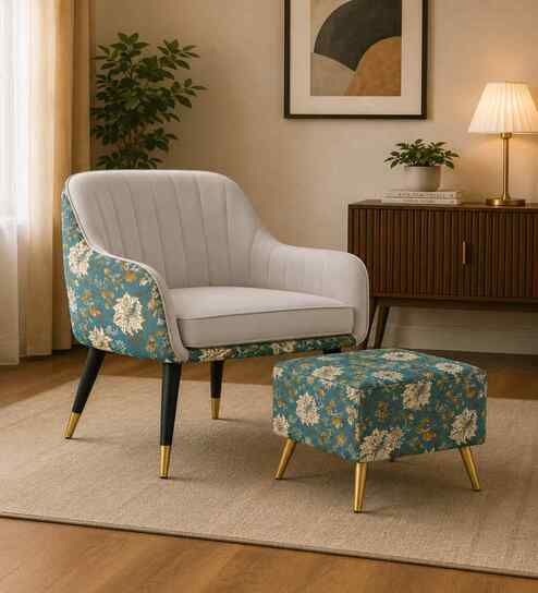Velvet Modern Upholstered Armchair And Pouffe With Metal Legs In Grey Color