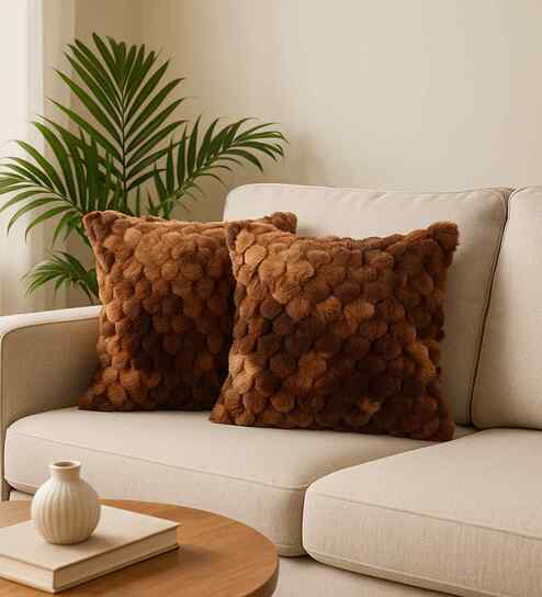 Brown Velvet Rabit Hair Feel 16X16 Inches 2Pcs Cushion Covers