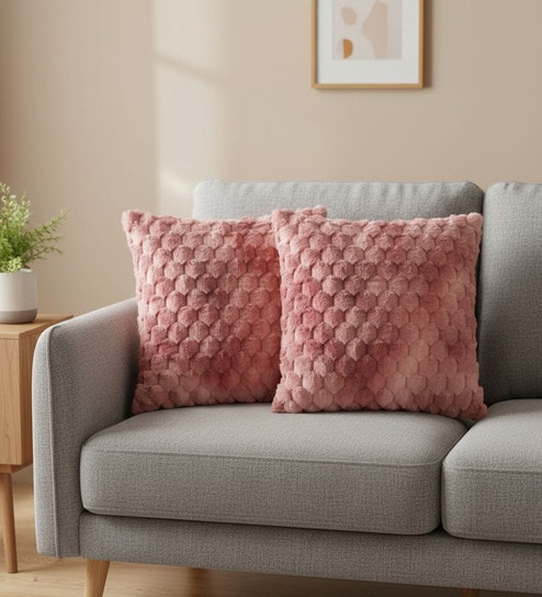 Pink Velvet Rabit Hair Feel 16X16 Inches 2Pcs Cushion Covers