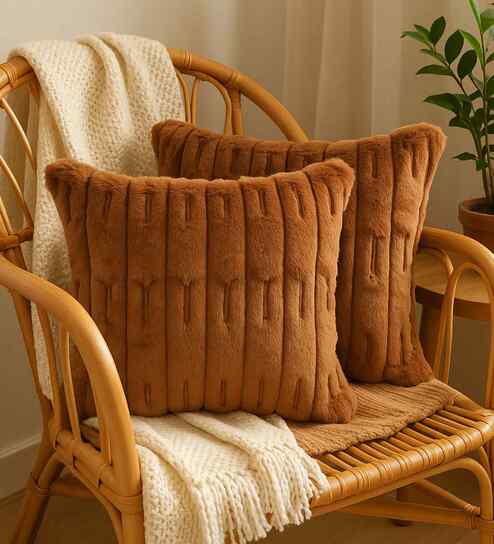 Brown Velvet Rabit Hair Feel 16X16 Inches 2Pcs Cushion Covers