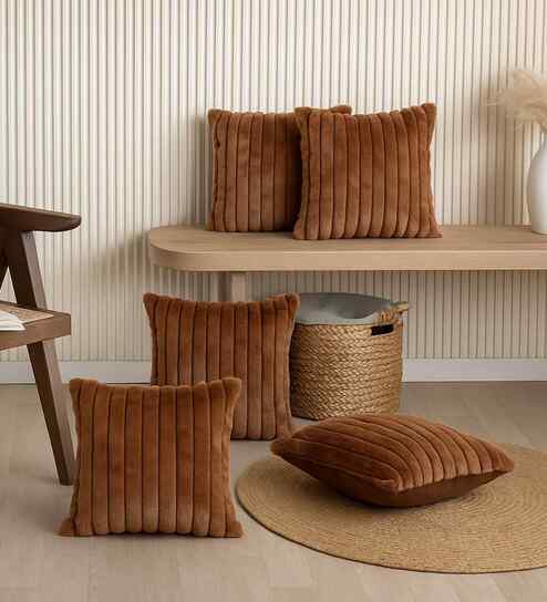 Brown Velvet Rabit Hair Feel 16X16 Inches 5Pcs Cushion Covers