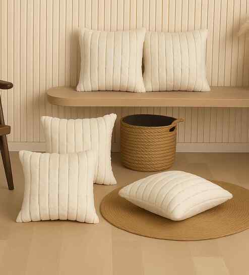 Cream Velvet Rabit Hair Feel 16X16 Inches 5Pcs Cushion Covers